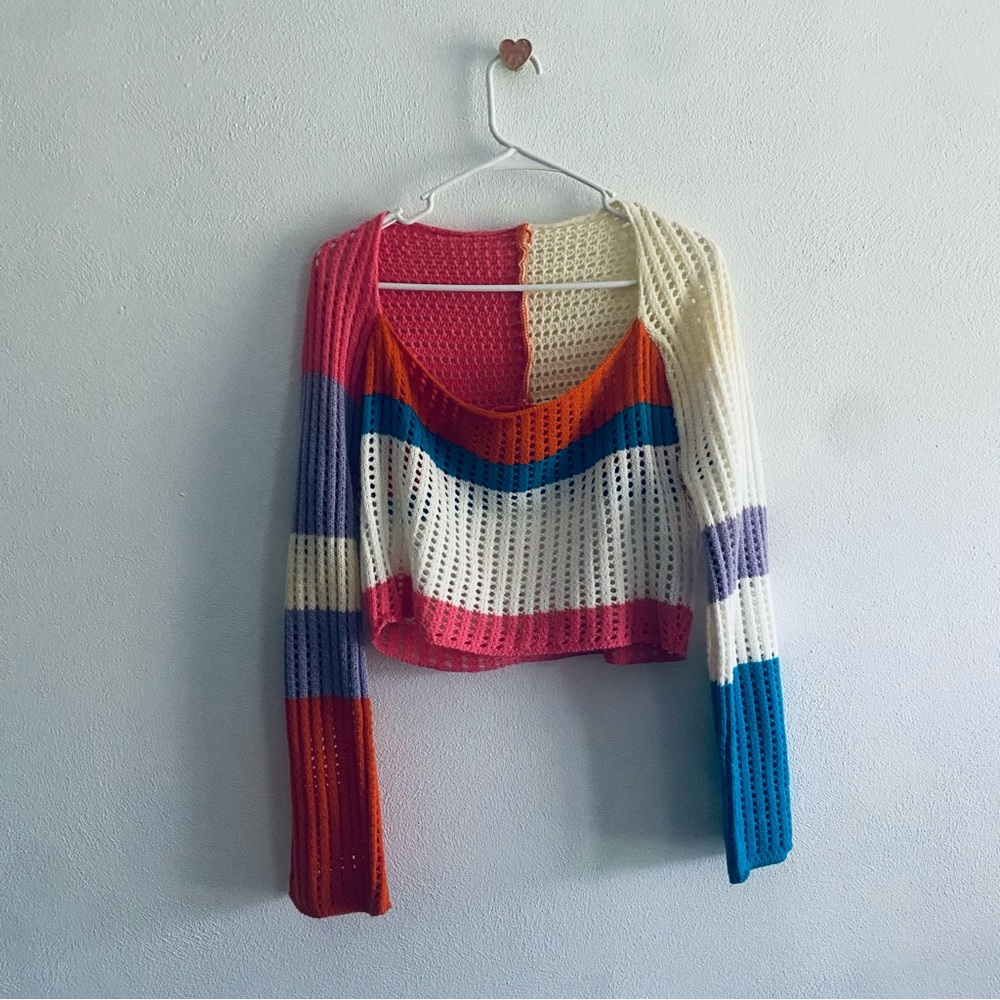 SHEIN Colorblock Cropped Open Knit Sweater